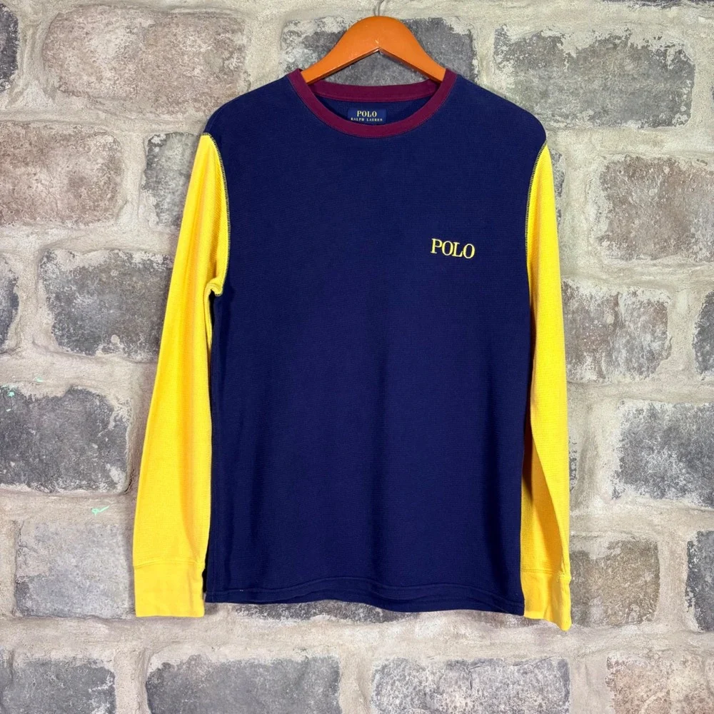 Polo Ralph Lauren Mens Colorblock Thermal Waffle Knit Shirt Navy Yellow Large
